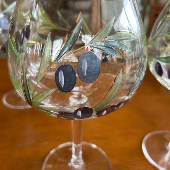Hand-Painted Olive Wine Glasses - Picture 5 of 7